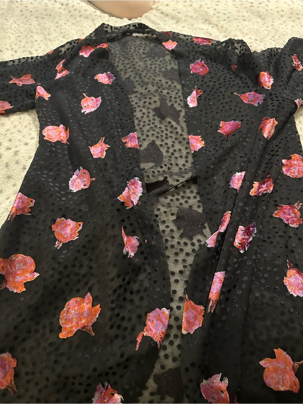 Floreat Navy Sheer Polka Dot Kimono with Pink Orange Floral Accents